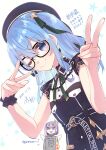  2girls alternate_costume amane_kanata bespectacled blue_eyes blue_hair blush commentary_request glasses hair_ornament highres hikawa_shou hololive hoshimachi_suisei looking_at_viewer medium_hair multiple_girls one_eye_closed open_mouth short_hair simple_background smile v virtual_youtuber white_background 