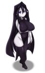  1girl banshee_(monster_girl_encyclopedia) black_hair black_legwear blue_eyes blush breasts closed_mouth commentary hair_between_eyes highres large_breasts long_hair monster_girl_encyclopedia nav pale_skin short_stack skull solo thigh-highs 