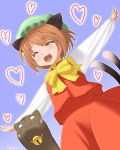  animal_ears bad_id bell bell_collar brown_hair cat cat_ears cat_tail chen collar fangs from_below happy hat heart jingle_bell multiple_tails okina_sai okina_sen outstretched_arms short_hair smile spread_arms tail touhou 