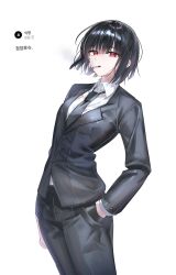  1girl absurdres black_hair black_jacket black_necktie black_pants black_suit blunt_bangs blunt_ends cigarette collared_shirt commentary_request cowboy_shot fan_request floating_hair hand_in_pocket highres jacket korean_commentary lapels leaning_forward limbus_company long_sleeves looking_at_viewer making-of_available necktie notched_lapels pant_suit pants project_moon red_eyes request_inset ryoshu_(project_moon) ryottangl shirt short_hair sidelocks simple_background smoking solo standing suit suit_pants white_background white_shirt wing_collar 