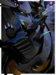 1other :< absurdres black_fur blue_eyes blue_fur body_fur border cityscape claws commentary_request full_body full_moon furry highres horns kashiwa_gnu looking_at_viewer mega_pokemon mega_zeraora moon multicolored_fur night other_focus outdoors pokemon pokemon_(creature) pokemon_focus single_horn solo standing two-tone_fur white_border zeraora 