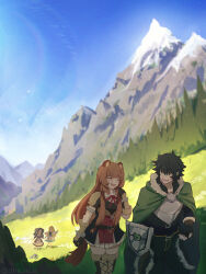  1boy 3girls :d absurdres animal_ear_fluff animal_ears arm_shield armor artist_name barefoot belt black_belt black_dress black_gloves black_hair black_shirt blonde_hair blue_bow blue_dress blue_eyes blue_sky blunt_bangs blurry blurry_background boots bow breastplate breasts brown_belt brown_boots brown_gloves brown_hair brown_shirt chest_bow chest_guard cloak closed_eyes collared_dress collared_shirt commentary cowboy_shot day dire_illus double-parted_bangs dress elbow_gloves english_commentary filo_(tate_no_yuusha_no_nariagari) fingerless_gloves full_body fur-trimmed_armor fur-trimmed_collar fur-trimmed_gloves fur_trim gloves green_cloak green_eyes green_pants grey_armor hand_up high_collar highres holding holding_shield hood hood_down hooded_cloak iwatani_naofumi layered_dress leather leather_armor leather_boots leather_gloves leather_shirt legendary_shield_(small_shield)_(tate_no_yuusha_no_nariagari) legendary_shield_(tate_no_yuusha_no_nariagari) long_hair long_sleeves looking_at_another medium_breasts medium_dress melty_q_melromarc messy_hair metal_arm_cuffs metal_wrist_cuffs mountainous_horizon multicolored_gloves multiple_girls neck_ribbon open_mouth outdoors pants pauldrons pinstripe_dress pinstripe_pattern pointing purple_dress purple_hair raccoon_ears raccoon_girl raccoon_tail raphtalia red_dress red_ribbon ribbon shield shirt shirt_belt short_dress short_hair shoulder_armor single_pauldron sky sleeveless sleeveless_dress smile straight_hair sweatdrop tail tassets tate_no_yuusha_no_nariagari teeth thigh_boots twintails twitter_username two-tone_dress two-tone_gloves upper_teeth_only violet_eyes watermark white_dress white_fur wide_shot zettai_ryouiki 