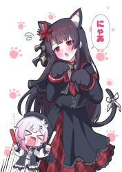  >_< 2girls :o animal_ear_fluff animal_ears animal_hands black_hair black_shirt black_skirt blush cat_ears cat_girl cat_tail chibi closed_eyes commentary_request embarrassed flower flying_sweatdrops giorgio_(yo_sumire_sola1) glowstick hair_flower hair_ornament holding holding_glowstick kemonomimi_mode long_hair long_sleeves looking_to_the_side mahou_shoujo_no_majo_saiban multiple_girls nikaido_hiro open_mouth otaku pleated_skirt red_eyes red_flower sakuraba_ema shirt short_hair skirt solo_focus speech_bubble standing tail tears white_background white_hair 
