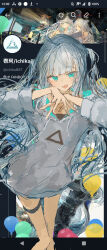  1girl :d absurdres ahoge aqua_eyes commentary grey_hoodie highres hood hoodie ichika_(ichika87) long_hair long_sleeves open_mouth original screenshot_background smile solo thigh_strap twitter two_side_up untranslatable_commentary white_hair 