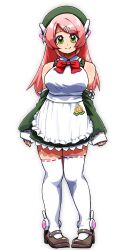  1girl apron bare_shoulders beret bow bowtie breasts brown_shoes closed_mouth collared_dress detached_sleeves dress frilled_apron frills full_body green_dress green_eyes green_hat hair_ornament hairclip hat highres large_breasts light_blush long_hair looking_at_viewer maid_apron momone_momo red_bow red_bowtie robot_ears saruyama_ushirou shoes simple_background skindentation smile solo thigh-highs utau white_apron white_background white_thighhighs 