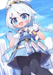  1girl :d armband blue_archive blue_eyes blue_sky braid explosive gloves grenade hat highres kirino_(blue_archive) long_hair nanatsuta pantyhose police police_badge police_hat police_uniform policewoman purple_armband sky smile smoke_grenade twin_braids upskirt white_gloves white_hair 