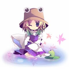  :&lt; ana_(artist) ana_(rznuscrf) blonde_hair frog gradient_hair green_hair hair_ribbon hat leaf lily_pad moriya_suwako multicolored_hair purple_eyes ribbon short_hair simple_background sitting sleeves_past_wrists touhou water wide_sleeves yokozuwari 