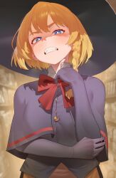  1girl absurdres blonde_hair blue_eyes blurry blurry_background blush bow bowtie braid bright_pupils capelet clenched_teeth commentary_request commission elbow_gloves gloves hair_bow half-closed_eyes hat highres indoors jeongdang_geolae korean_commentary large_hat looking_at_viewer neck_ribbon original purple_bow purple_capelet purple_gloves purple_shirt red_bow red_bowtie red_ribbon ribbon scowl shaded_face shirt short_hair single_braid solo teeth upper_body white_pupils wide_brim 