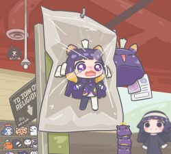 1girl absurdres blunt_bangs chibi commentary english_commentary halo highres hololive hololive_english long_hair meme mpien multicolored_hair ninomae_ina'nis orange_hair pointy_ears purple_hair sealed_marketable_plushie_(meme) smile solo stuffed_animal stuffed_toy takodachi_(ninomae_ina'nis) tentacle_hair virtual_youtuber ziploc_bag 