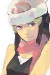  1girl artist_request beanie black_hair faux_traditional_media hat hikari_(pokemon) pink_eyes pokemon scarf simple_background solo watercolor white_background 