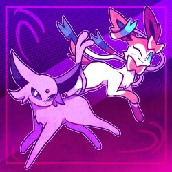  animal_focus blue_eyes bow bright_pupils closed_mouth espeon forehead_jewel forked_tail full_body gem highres looking_at_viewer no_humans one_eye_closed pink_fur pokemon pokemon_(creature) pokemon_focus purple_background purple_fur red_gem ribbon simple_background skyumbreon standing sylveon tail two-tone_fur violet_eyes white_fur white_pupils 