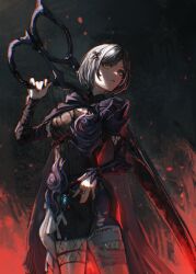  1girl absurdres armor black_hair cape earrings grey_hair highres holding holding_scissors hololive hololive_english jewelry looking_at_viewer oversized_object purple_cape ring scissors shiori_novella shiori_novella_(ebony_odogaron) short_hair shoulder_armor solo tablicoart virtual_youtuber yellow_eyes 