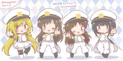 ;d black_boots black_hair black_thighhighs blonde_hair blush boots brown_eyes brown_hair chibi commentary_request hat highres idolmaster idolmaster_cinderella_girls jacket kurosaki_chitose long_hair long_sleeves mitarashi_neko nitta_minami one_eye_closed outstretched_arm pants peaked_cap red_eyes seizon_honnou_valkyria_(idolmaster) shirayuki_chiyo skirt smile sparkle standing tachibana_arisu thigh-highs thighhighs_under_boots torn_clothes torn_pants torn_thighhighs translation_request very_long_hair violet_eyes white_boots white_hat white_jacket white_pants white_skirt 