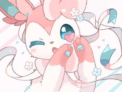  aqua_eyes blush commentary_request fang flower heart no_humans one_eye_closed open_mouth pawpads pokemon pokemon_(creature) pokemon_focus solo sylveon ushiina 