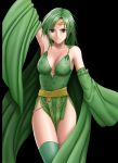  1girl arm_up black_background breasts cape circlet cleavage closed_mouth crimson_comics detached_sleeves feet_out_of_frame female final_fantasy final_fantasy_iv green_eyes green_hair green_legwear rydia simple_background solo thigh-highs thighhighs 