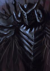  absurdres armor black_armor black_eyes black_helmet black_souls black_souls_2 cloak full_armor helm helmet highres horns knight lindamea_(black_souls) plate_armor ropeperson sharp_teeth spikes teeth 