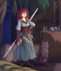  1girl 1other animal_ears animal_nose bag black_boots blue_shirt blue_skirt boots bottle bracer brown_corset brown_eyes brown_hair cat cat_ears cat_tail corset curly_hair dated door double_blade eragon eragon_(angela) eragon_(solembum) full_body handbag highres holding holding_sword holding_weapon jar jewelry leaf lips looking_at_viewer mole necklace plant red_eyes shelf shirt shoelaces signature skirt skull slit_pupils smile sword tail ticcy weapon 