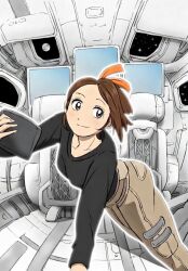  1girl aspa_land_01 black_shirt bow brown_eyes brown_hair brown_pants closed_mouth commentary_request hair_bow highres holding indoors moon orange_bow original outline pants shirt sideways_glance smile solo space space_station star_(symbol) white_outline zero_gravity 