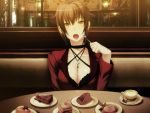  black_hair bra breasts brown_hair business_suit cake carnevale_della_luce_della_luna choker cleavage cross cup dessert eating food fork formal game_cg holding holding_fork holding_spoon jewelry large_breasts lingerie lipstick necklace nitroplus oosaki_shin'ya oosaki_shinya open_mouth pastry pie rebecca_(carnevale_della_luce_della_luna) short_hair skirt_suit solo spoon suit teacup underwear yellow_eyes 