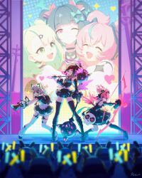  3girls absurdres angels_of_delusion aria_(discordant_note)_(zenless_zone_zero) aria_(zenless_zone_zero) backpack bag bangboo_(zenless_zone_zero) black_dress black_hair black_shorts blue_eyes boots bow_(weapon) detached_sleeves dress dual_wielding garter_straps glowstick green_eyes green_hair halo headphones highres holding holding_mace holding_weapon mace maid_headdress megaphone midriff multiple_girls nangong_yu nangong_yu_(rhapsody's_muse) navel official_alternate_costume over_shoulder pink_hair quad_tails red_eyes retto_7b shorts smile sunna_(afternoon_tea_break)_(zenless_zone_zero) sunna_(zenless_zone_zero) thigh-highs twintails weapon weapon_over_shoulder white_thighhighs wings zenless_zone_zero 