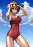  bb breasts brown_eyes brown_hair erect_nipples goggles kashiwagi_azusa kizuato muscle one-piece one-piece_swimsuit shiny shiny_skin short_hair standing swimsuit tan wet 