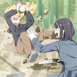  2girls auklet5580 bamboo bamboo_forest bamboo_shoot black_hair black_hoodie blonde_hair blue_shorts brown_pants cho_kaguya-hime! commentary_request falling forest green_eyes hand_saw highres hoe hood hoodie kaguya_(cho_kaguya-hime!) long_hair long_sleeves medium_hair mole mole_under_eye multiple_girls nature open_mouth pants sakayori_iroha saw shorts white_sleeves 