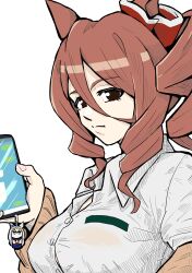  1girl absurdres black_eyes bow brown_cardigan brown_hair cardigan cellphone cellphone_charm charm_(object) closed_mouth commentary dress_shirt drill_hair drill_sidelocks ear_bow frown highres holding holding_phone kasamatsu_tracen_school_uniform long_sleeves looking_at_viewer medium_hair nobunonobu norn_ace_(umamusume) off_shoulder phone red_bow school_uniform shirt side_drill sidelocks simple_background smartphone solo umamusume umamusume:_cinderella_gray upper_body white_background white_shirt wing_collar 