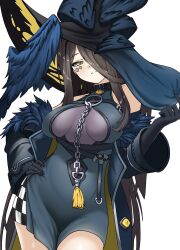  1girl absurdres bare_shoulders between_breasts black_coat black_hair black_wings breasts chain coat diamond_(shape) diamond_facial_mark dress facial_mark feathered_wings grey_dress hand_on_own_hip hat highres large_breasts large_hat long_hair looking_at_viewer merula_(neverness_to_everness) neverness_to_everness one_eye_covered shimoruchiko simple_background solo twitter_username two-sided_coat two-sided_fabric white_background wings witch_hat yellow_eyes 