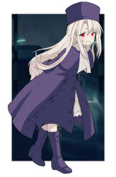  absurdres border building clouds cloudy_sky commentary fate/kaleid_liner_prisma_illya fate_(series) highres hood hood_up illyasviel_von_einzbern lamppost loli night non-web_source outdoors power_lines red_eyes road shirt shokobr sign sky solo standing street utility_pole white_border white_hair 