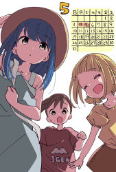  3girls akamatsu_yui aoyama_kotoha_(mitsuboshi_colors) blonde_hair blue_hair blunt_bangs brown_eyes brown_hair brown_skirt calendar_(object) child closed_eyes collarbone commentary_request dress grey_eyes hat highres katsuwo_(cr66g) kise_saki long_hair looking_at_viewer medium_hair mitsuboshi_colors multiple_girls open_mouth puffy_short_sleeves puffy_sleeves red_shirt shirt short_hair short_sleeves skirt sleeveless sleeveless_dress yellow_shirt 