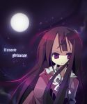  1girl ana_(rznuscrf) brown_hair forehead full_moon houraisan_kaguya japanese_clothes long_hair looking_at_viewer moon night night_sky no_nose purple_eyes sky solo star_(sky) starry_sky touhou 