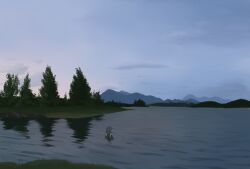  1girl blue_hair bush commentary_request dawn fins grass head_fins highres hill lake landscape misty_lake morning reflection reflective_liquid shore sliyu solo sunrise touhou wakasagihime 
