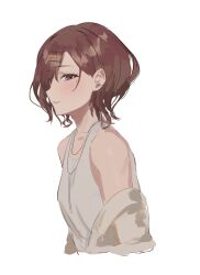  1girl blush brown_hair cropped_torso highres higuchi_madoka idolmaster idolmaster_shiny_colors jacket jacket_partially_removed jewelry looking_at_viewer mole mole_under_eye necklace shirt short_hair simple_background sleeveless sleeveless_shirt solo uouokuma upper_body white_background white_jacket white_shirt 