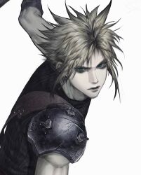  1boy aqua_eyes armor black_gloves black_shirt blonde_hair close-up closed_mouth cloud_strife commentary_request earrings fighting_stance final_fantasy final_fantasy_vii final_fantasy_vii_remake furrowed_brow gloves highres jeck jewelry korean_commentary looking_at_viewer male_focus parted_bangs pauldrons ribbed_shirt shirt short_hair shoulder_armor single_earring single_pauldron sleeveless sleeveless_turtleneck solo spiky_hair suspenders turtleneck upper_body white_background 