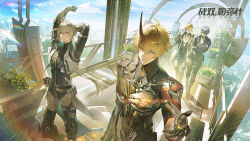  4boys ahoge arms_up belt belt_pouch black_belt black_choker black_sclera blonde_hair bridge camu:_crocotta_(pgr) camu_(pgr) chinese_commentary choker chrome:_glory_(pgr) chrome_(pgr) city closed_mouth clouds coat colored_sclera commentary_request copyright_name crossed_arms crossed_bangs day dog_tags full_body grey_hair hair_between_eyes hand_up highres horns id_card kamui:_aeternion_(pgr) kamui_(pgr) long_hair looking_at_another looking_at_viewer male_focus mechabare mechanical_arms mechanical_legs mismatched_sclera mole mole_under_mouth multiple_boys offering_hand official_art open_clothes open_coat orange_eyes outdoors parted_lips plant pouch punishing:_gray_raven rainbow short-sleeved_coat short_hair single_horn sky smile stretching sunlight turning_head vanishing_point violet_eyes walking wanshi:_lucid_dreamer_(pgr) wanshi_(pgr) white_coat white_hair yellow_eyes 