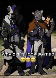  2boys animal_ears arknights black_fur black_hair black_jacket english_commentary english_text furry furry_male grey_fur grey_hair grey_pants grey_shirt highres hyena_boy hyena_ears infection_monitor_(arknights) jacket lantern li_geduld looking_to_the_side male_focus meme multicolored_hair multiple_boys one_eye_closed open_mouth original pants shirt smile spot_(arknights) streaked_hair tail tiger_boy tiger_ears tiger_stripes tiger_tail why_dis_ninja_look_so_mad_(meme) 