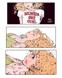  1girl animification artist_name blackpink blonde_hair blue_eyes blush commentary dress english_text eyes_out_of_frame green_dress head_out_of_frame highres k-pop long_hair looking_at_viewer lying on_back parted_lips polo_tokki real_life red_lips rose_(blackpink) shirt smile white_shirt 