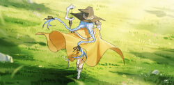  1girl absurdres adjusting_clothes adjusting_headwear back black_hat blue_hair boots boulder braid brown_cape cape commentary dated floating_clothes floating_hair from_behind full_body grass hat highres holding holding_staff knee_boots large_hat long_hair meadow mushoku_tensei outdoors roxy_migurdia signature solo staff twin_braids twintails very_long_hair white_boots witch_hat yisjhui 