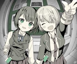  2girls aoi_erika blush bow bowtie chikuwa0u0 commentary_request green_eyes heaven_burns_red jacket kayamori_ruka looking_at_viewer monochrome multiple_girls necktie open_mouth partially_colored school_uniform v 