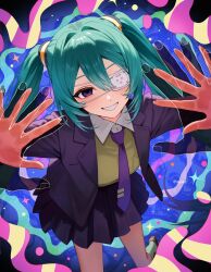  1girl abstract_background aqua_hair artist_name ay6as black_skirt blush commentary_request dot_nose eyepatch foot_out_of_frame green_socks grin hair_between_eyes hatsune_miku highres long_hair medical_eyepatch monitoring_(vocaloid) necktie pleated_skirt purple_necktie shoes skirt smile socks solo tie_clip twintails twitter_username very_long_hair violet_eyes vocaloid wing_collar 