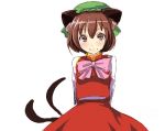  arms_behind_back bowtie brown_hair cat_ears cat_tail chen face gin'ichi_(akacia) ginichi hat looking_at_viewer multiple_tails red_eyes simple_background smile tail touhou 