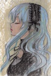  1girl ama-tou black_dress closed_eyes commentary_request dress from_side grey_hair hairband light_smile lips long_hair profile rozen_maiden sketch solo suigintou traditional_media upper_body 