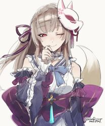  1girl blue_bow blue_bowtie bow bowtie braid brown_hair commentary_request finger_to_own_chin floating_hair fox_mask fox_tail heaven_burns_red highres kanamaki_(siluxd_makiront) kiryuu_miya kiryuu_miya_(vulpine_mystique) long_hair mask mole mole_under_eye one_eye_closed red_eyes simple_background single_bare_shoulder smile tail white_background 
