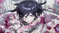  1boy absurdres bandana black_hair checkered_bandana commentary crossed_arms danganronpa_(series) danganronpa_v3:_killing_harmony hair_between_eyes highres indoors long_sleeves looking_at_viewer male_focus oma_kokichi one_eye_closed parted_lips plastic_bottle portrait pov pov_hands shirt short_hair solo_focus spill splashing ttegi_(ddeck_dg) untranslatable_commentary violet_eyes wet wet_clothes wet_shirt white_shirt 