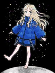  1girl aqua_eyes barefoot black_background blonde_hair blue_coat closed_mouth coat commentary_request diana_(pragmata) drawstring fingernails full_body highres long_hair long_sleeves looking_at_viewer moon nmiznm padded_coat pragmata puffy_coat puffy_long_sleeves puffy_sleeves sleeves_past_wrists smile solo standing standing_on_one_leg star_(symbol) 
