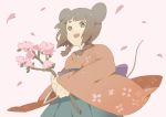  braid branch brown_eyes brown_hair cherry_blossoms flower hayato_(meromoni) japanese_clothes kimono mouse_ears original petals short_hair tail twin_braids 