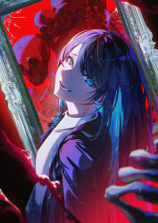  1girl absurdres ado_(utaite) blue_eyes blue_flower blue_hair blue_rose brooch chando_(ado) colored_inner_hair commentary english_commentary flower flower_brooch from_side gin_s head_tilt highres jewelry long_hair looking_at_viewer mole mole_under_eye multicolored_hair neck_flower open_mouth picture_frame red_background rose shirt skull solo teeth utaite white_shirt 