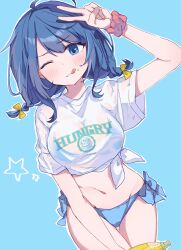  1girl ;p ahoge bikini blue_background blue_bikini blue_eyes blue_hair blush bow breasts closed_mouth commentary_request highres looking_at_viewer make_heroine_ga_oo_sugiru! medium_breasts medium_hair navel one_eye_closed pink_scrunchie rabi_shukensei scrunchie see-through_clothes see-through_shirt shirt short_sleeves short_twintails smile solo stomach swimsuit thigh_gap tied_shirt tongue tongue_out twintails v v_over_head wet wet_clothes wet_shirt wrist_scrunchie yanami_anna yellow_bow 