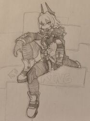  1girl breasts caesar_king_(zenless_zone_zero) fur-trimmed_jacket fur_trim gloves graphite_(medium) hatching_(texture) highres jacket large_breasts linear_hatching lineart looking_at_viewer mechanical_pencil monochrome pencil photo_(medium) prosthesis prosthetic_arm sergent_magnom sketch smile solo traditional_media zenless_zone_zero 
