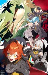  absurdres ahoge back bare_shoulders black_gloves black_hat black_pants blindfold_mask blonde_hair blue_eyes blue_hair blush braid breasts camouflage camouflage_pants closed_mouth commentary_request covered_eyes dragon_girl dragon_horns dress elbow_gloves fingerless_gloves flower flower_hairpin gloves glowing_mask goggles green_eyes green_hair grey_hair gun hair_between_eyes hair_ornament hat highres holding holding_weapon horns ipod ipod_nano ipod_nano_5g isolde_(zenless_zone_zero) jacket long_hair magus_(zenless_zone_zero) mask mecha mechanical_horns mechanical_tail mole mole_on_cheek mole_under_eye mp3_player multiple_girls multiple_others open_mouth orange_hair orange_pupils orphie_magnusson pants pointy_ears ponytail rifle robot see-through_clothes seed_(zenless_zone_zero) short_hair sniper_rifle soldier_11_(zenless_zone_zero) tail tinted_eyewear triangle_hair_ornament trigger_(zenless_zone_zero) twintails weapon white_gloves white_hair yellow-tinted_eyewear yellow_gloves zenless_zone_zero zeroartwo zipper_dress 